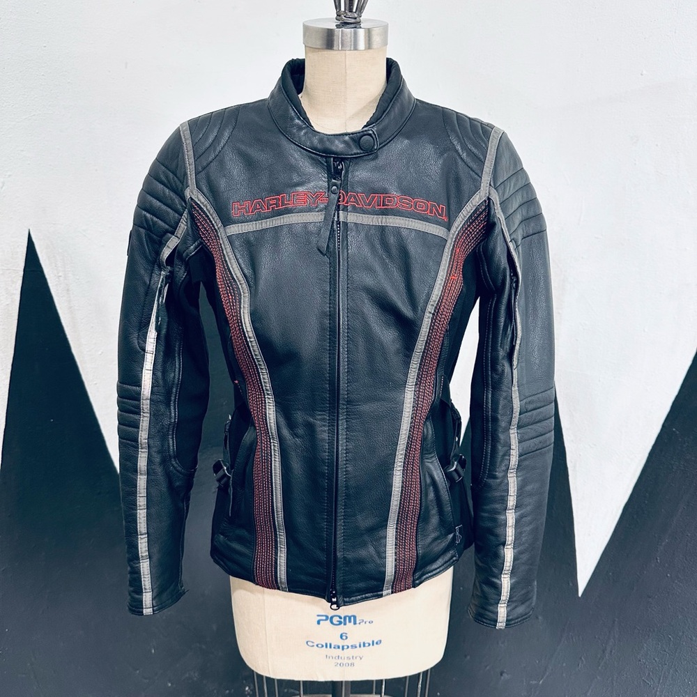 Vintage 90s Harley-Davidson Riding Gear Black Red Leather Jacket Racing Stripes